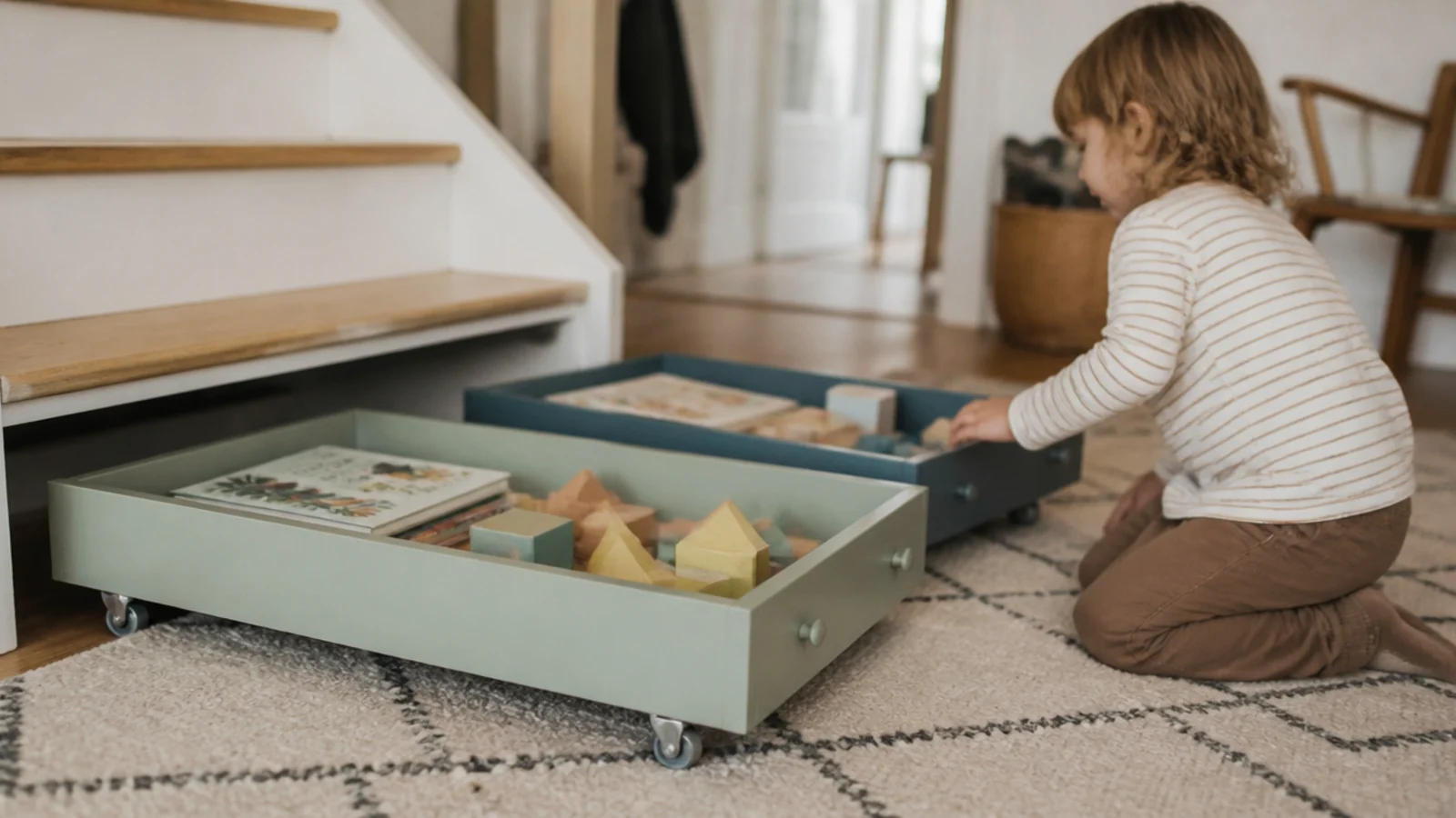 low toy drawers on castors pulled out onto a hallway rug