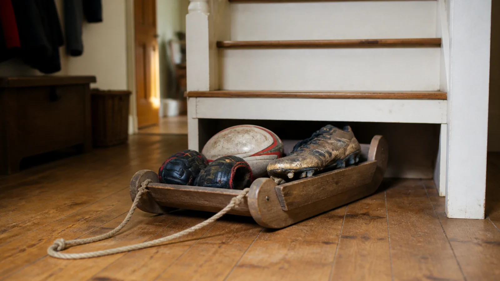 low timber sled loaded with sports gear pulled from under stairs