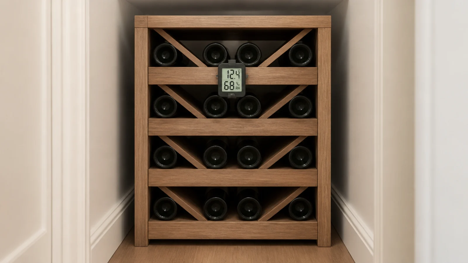 digital thermometer clipped to a wine rack in a hallway recess