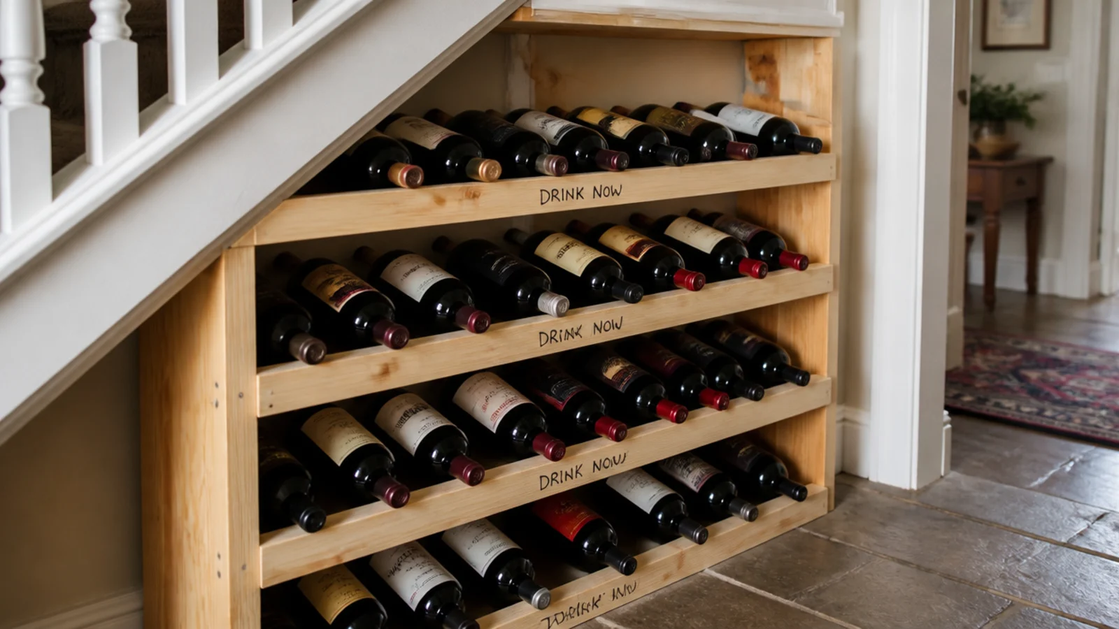 small run of everyday red wine bottles racked under a staircase