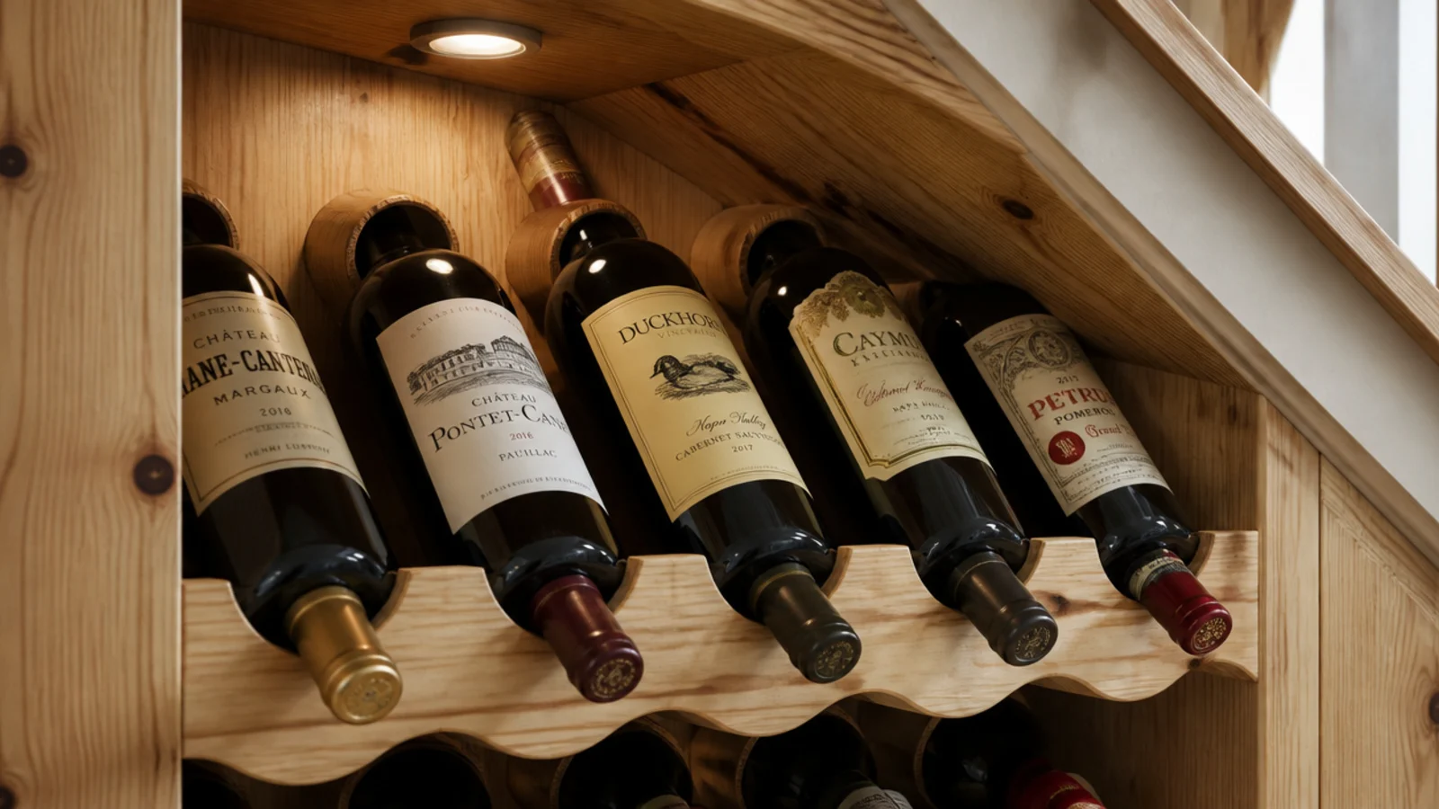 scalloped timber wine rack with bottle necks projecting forward