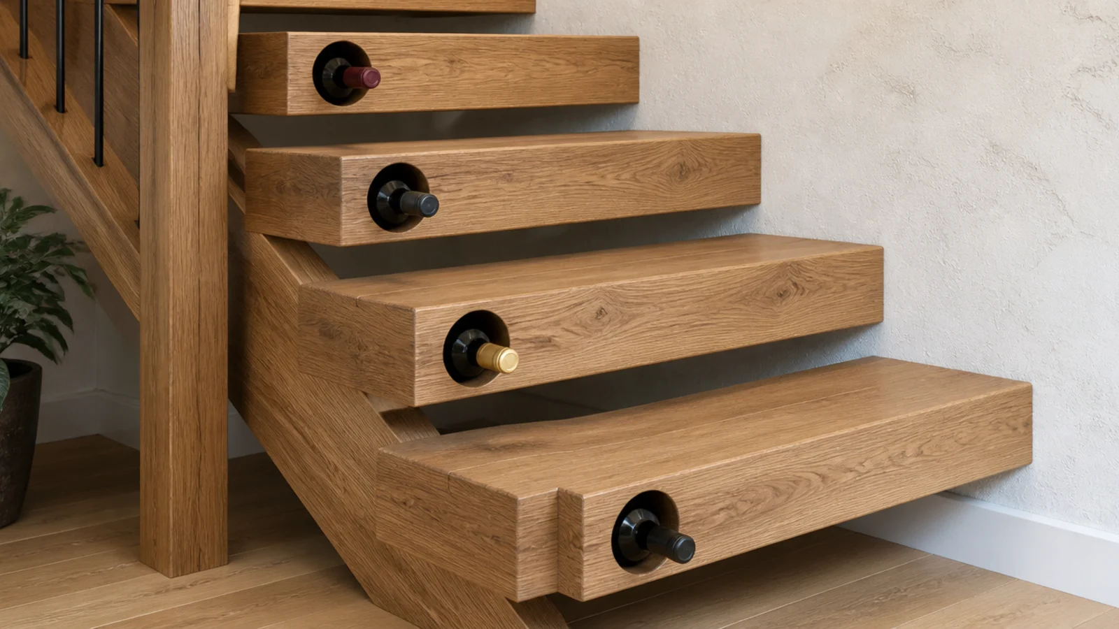 bottle slots cut into the exposed end grain of open stair treads