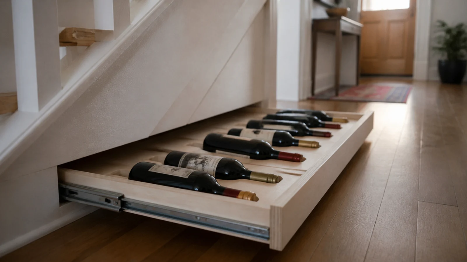 shallow drawer of wine bottles pulled out from under a staircase