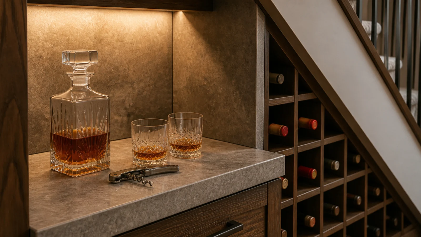 stone shelf beside under stairs wine racking holding a decanter