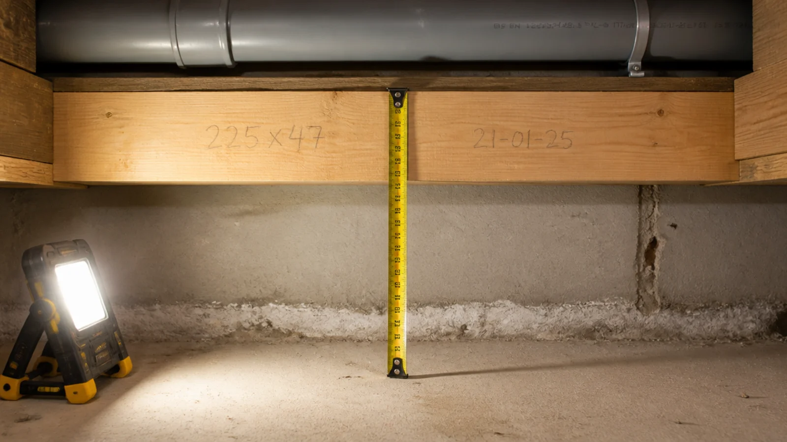 tape measure held against a basement joist above bare concrete floor