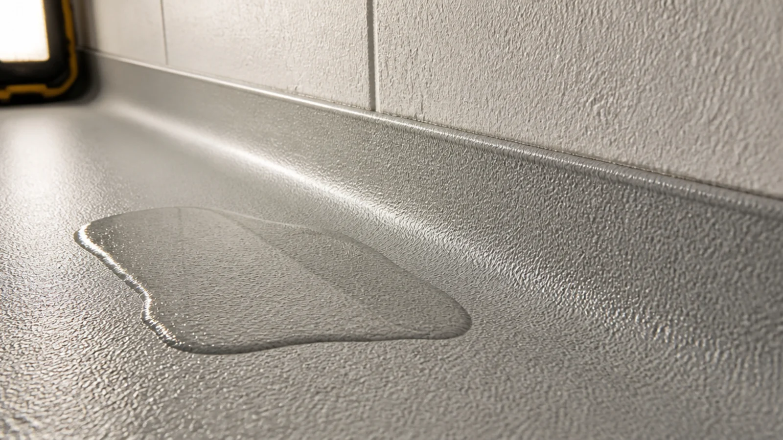 textured safety vinyl coved up a basement wall over sealed concrete