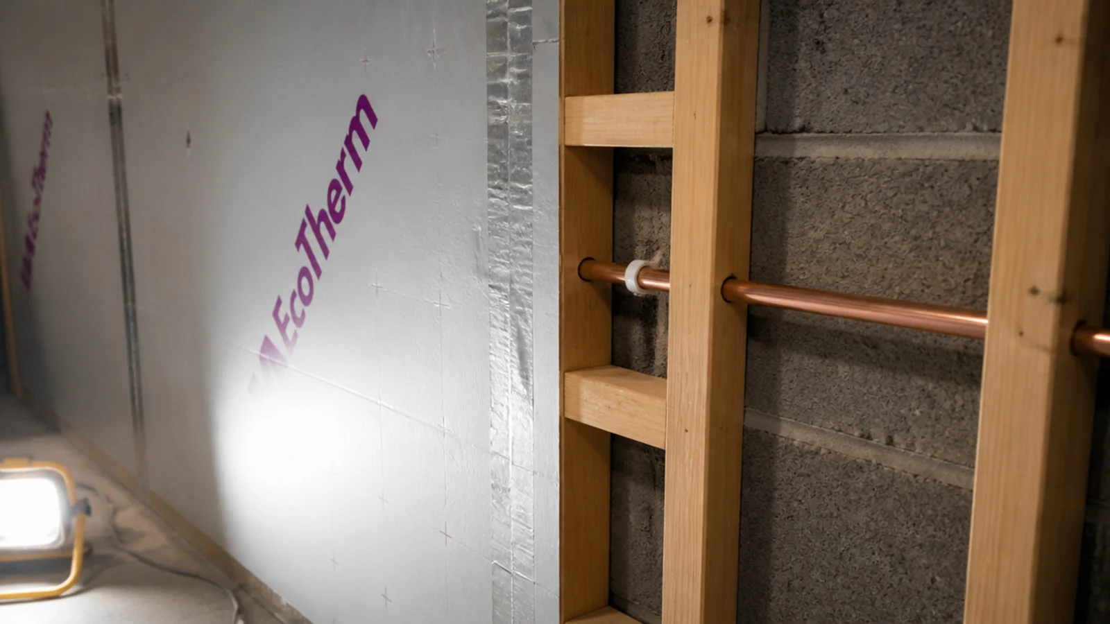 insulated plasterboard fixed over basement block wall with a service void
