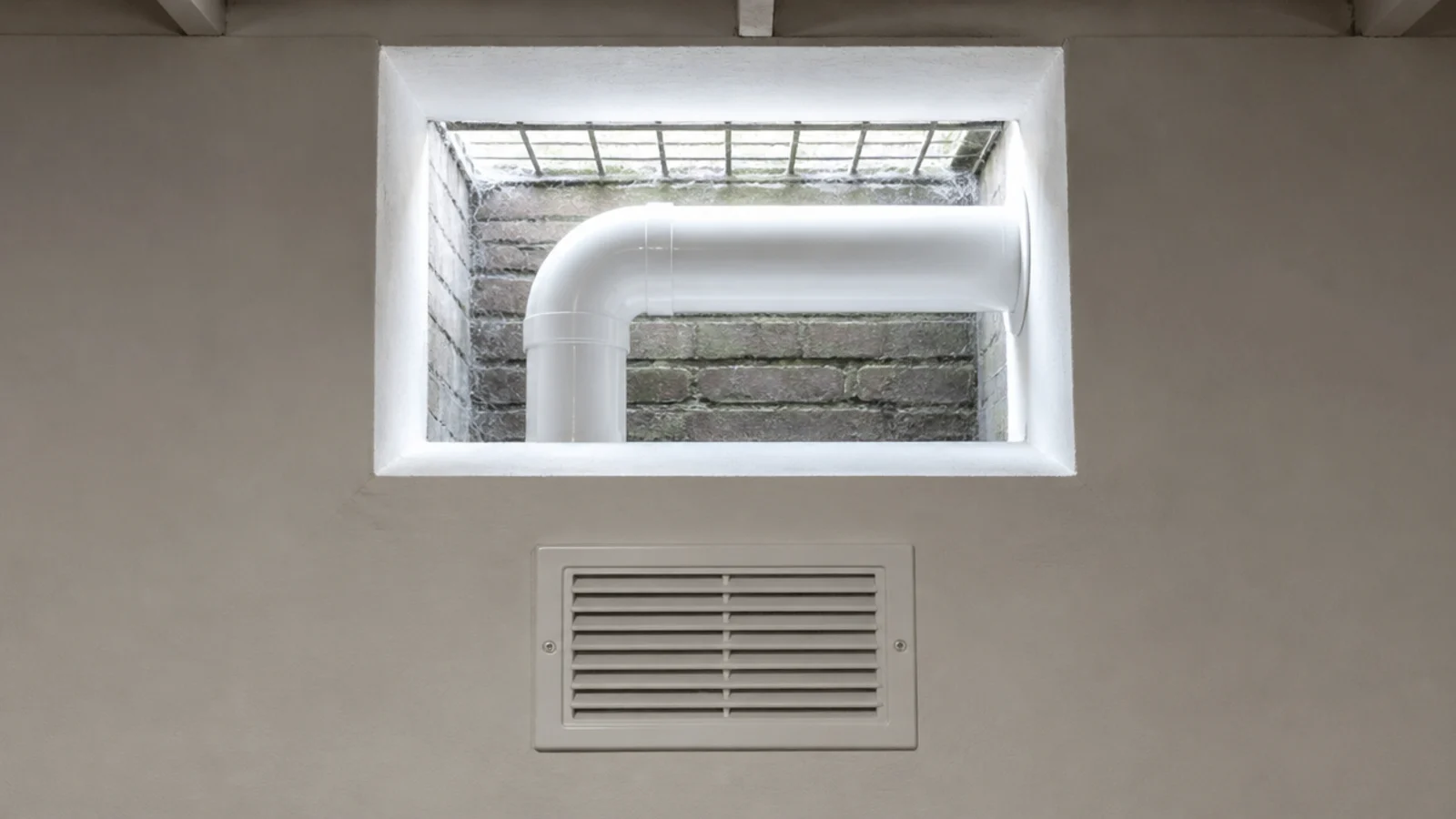 extractor duct passing through a basement light well to outside air