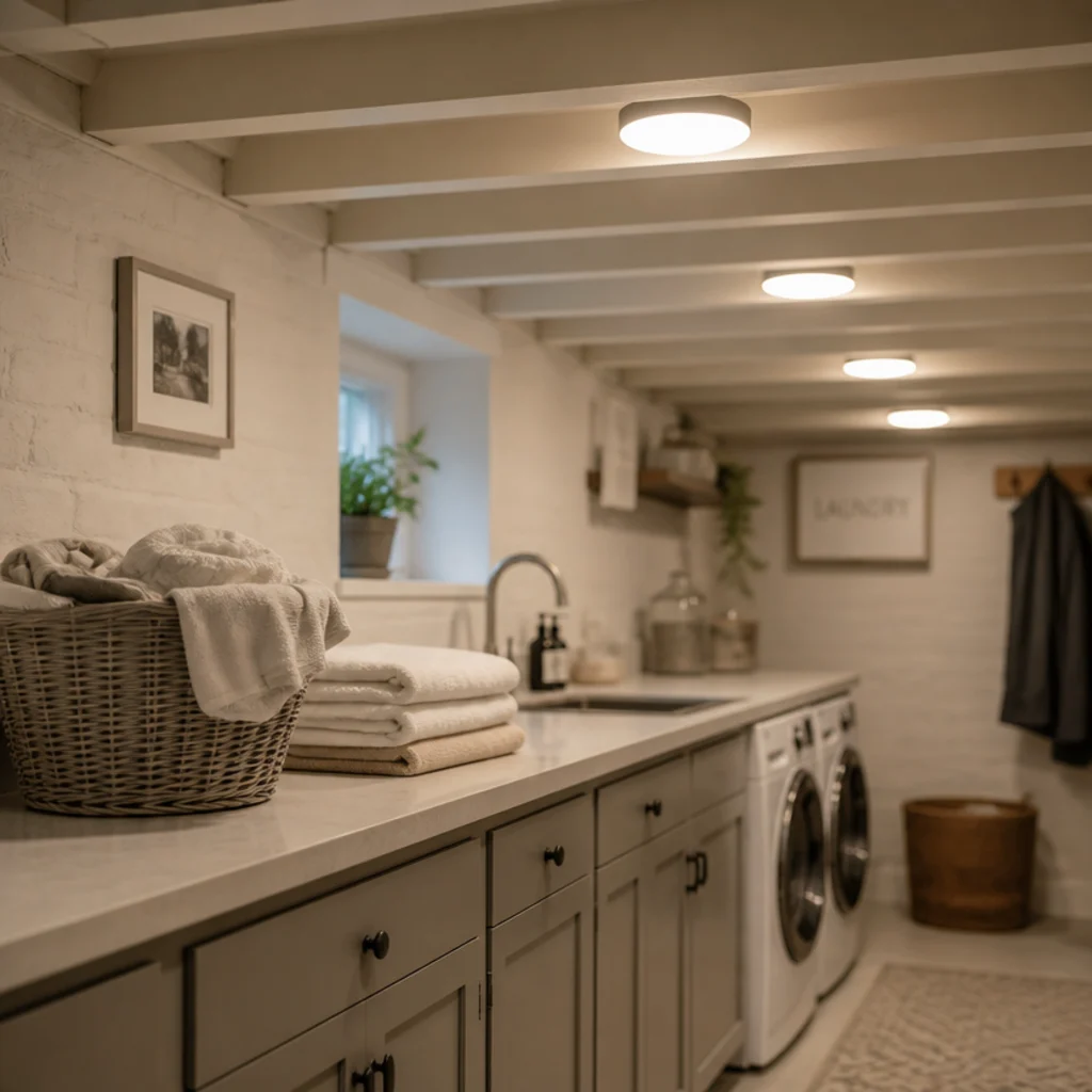four ceiling fittings spreading even light across a low cellar room