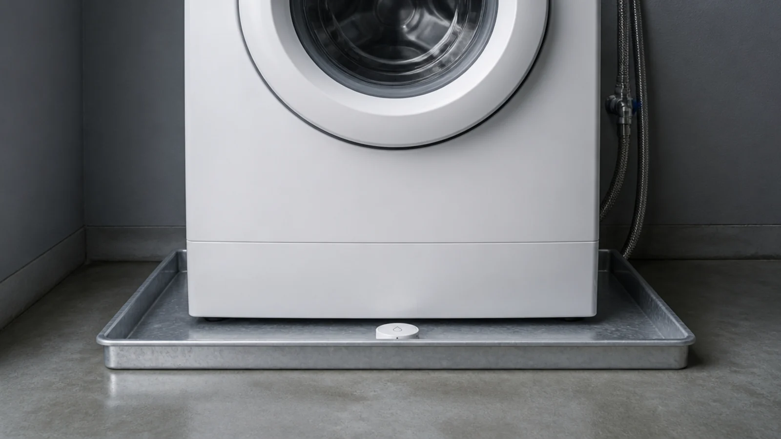 leak tray under a cellar washing machine holding a small water alarm