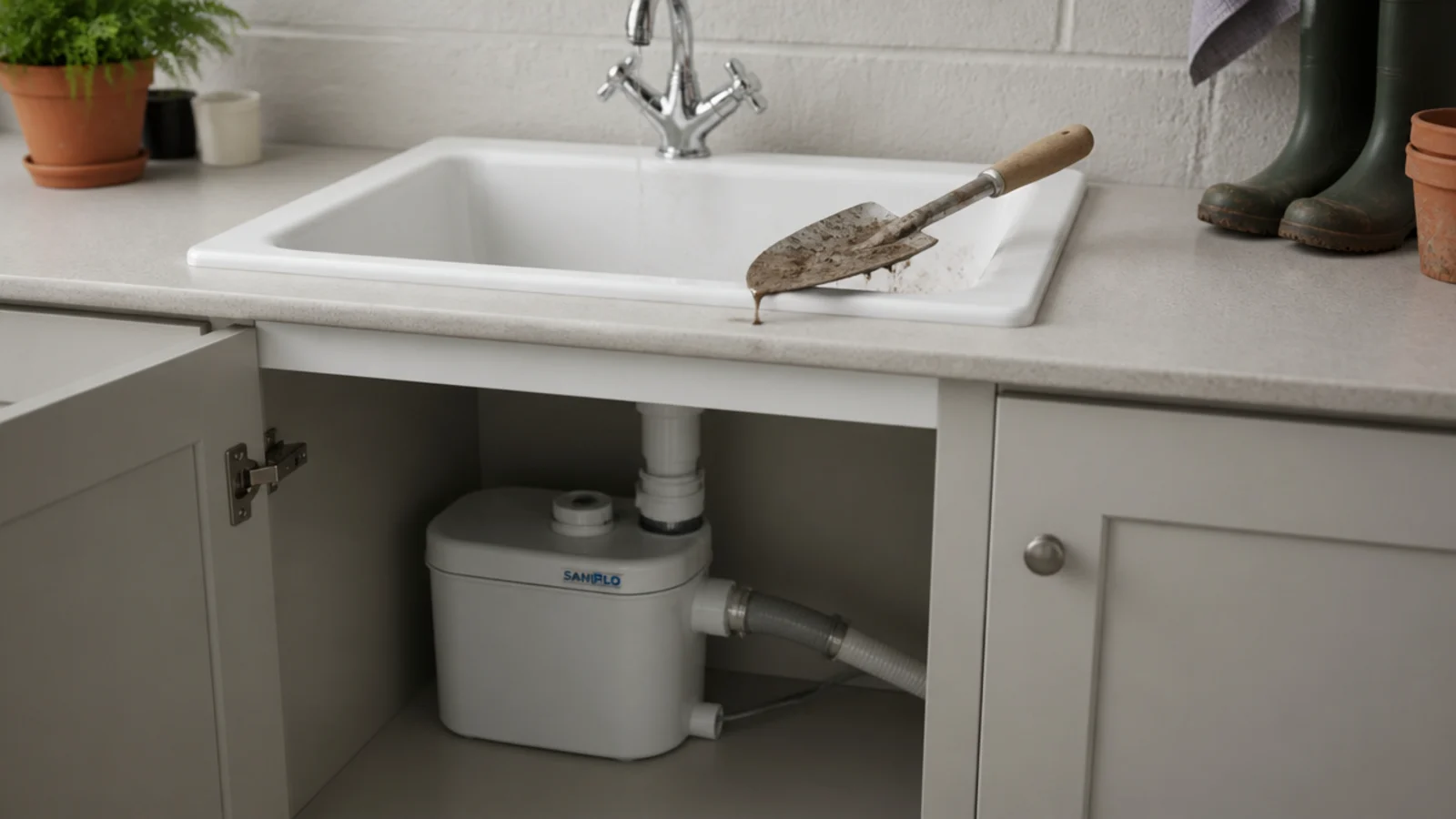deep utility sink in a cellar with a pumped waste unit below