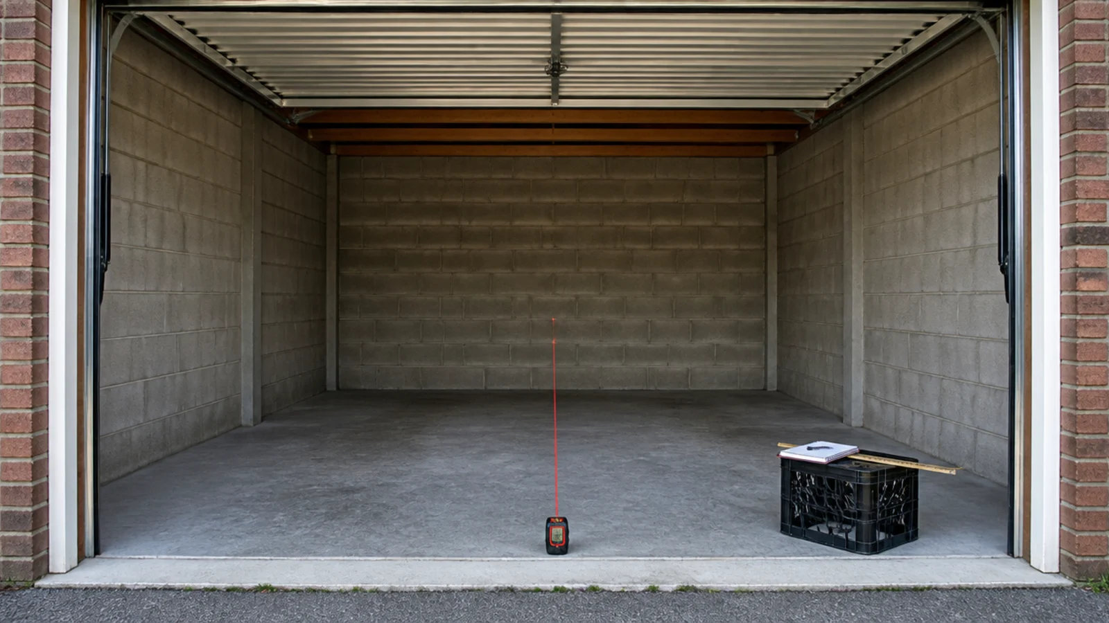 laser measure reading across an empty garage bay to the block wall
