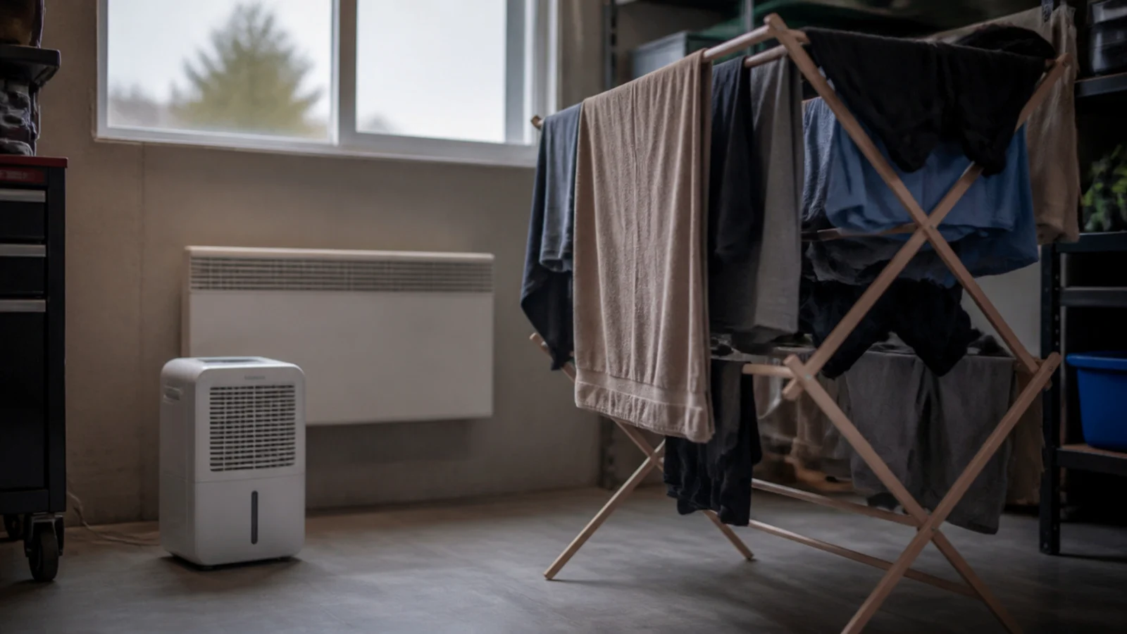 compact dehumidifier working beside a loaded airer in a garage utility