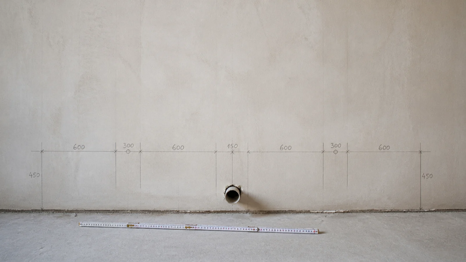 pencil marks setting out a cabinet run along a bare utility wall