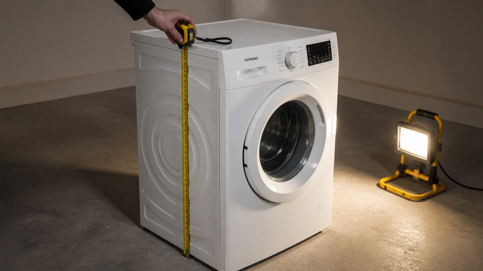 tape measure held against the top edge of a freestanding washing machine
