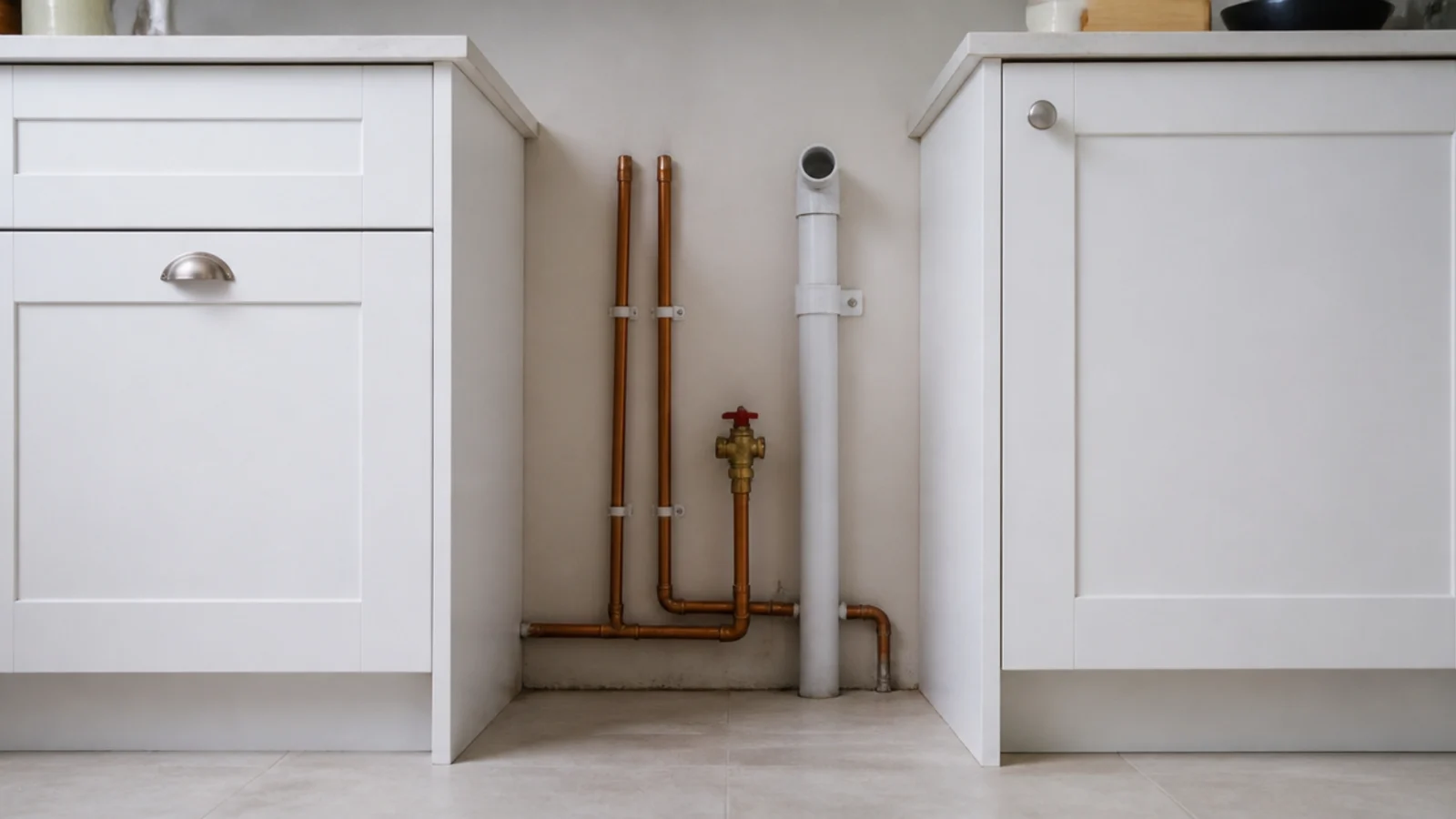 open cabinet gap left for a washing machine with pipework visible behind
