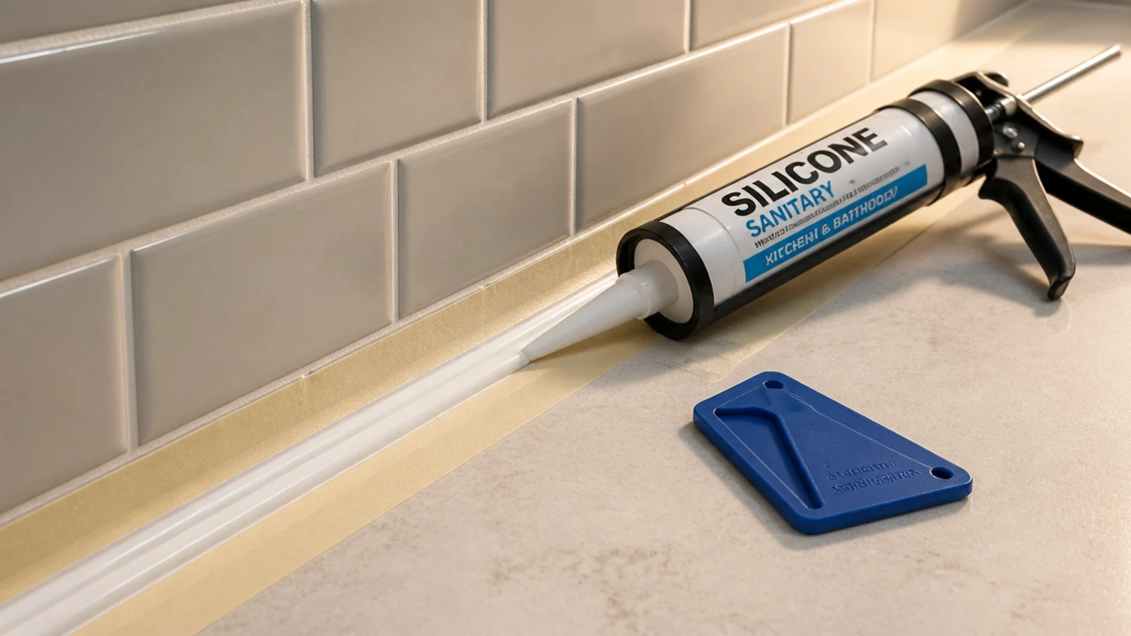 silicone bead being run along the back joint of a fitted worktop