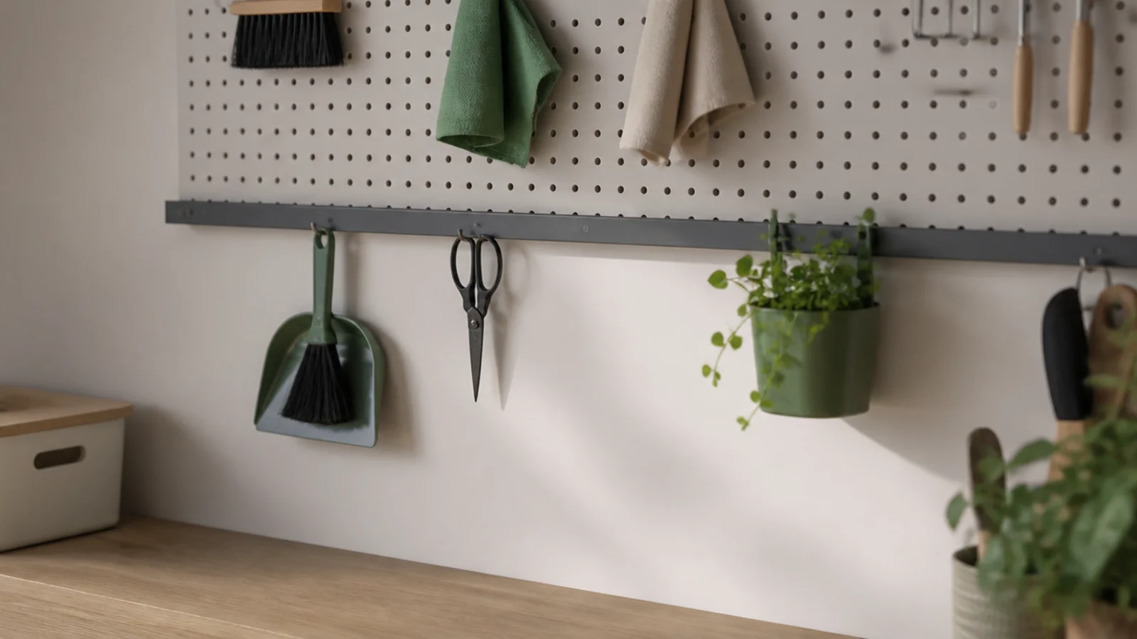 pegboard and hanging rail fitted above a finished utility worktop