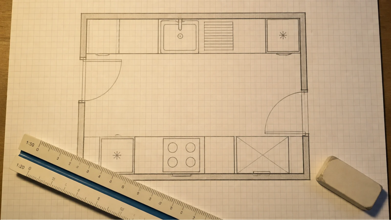 scale floor plan of a spacious utility room with door arcs drawn in