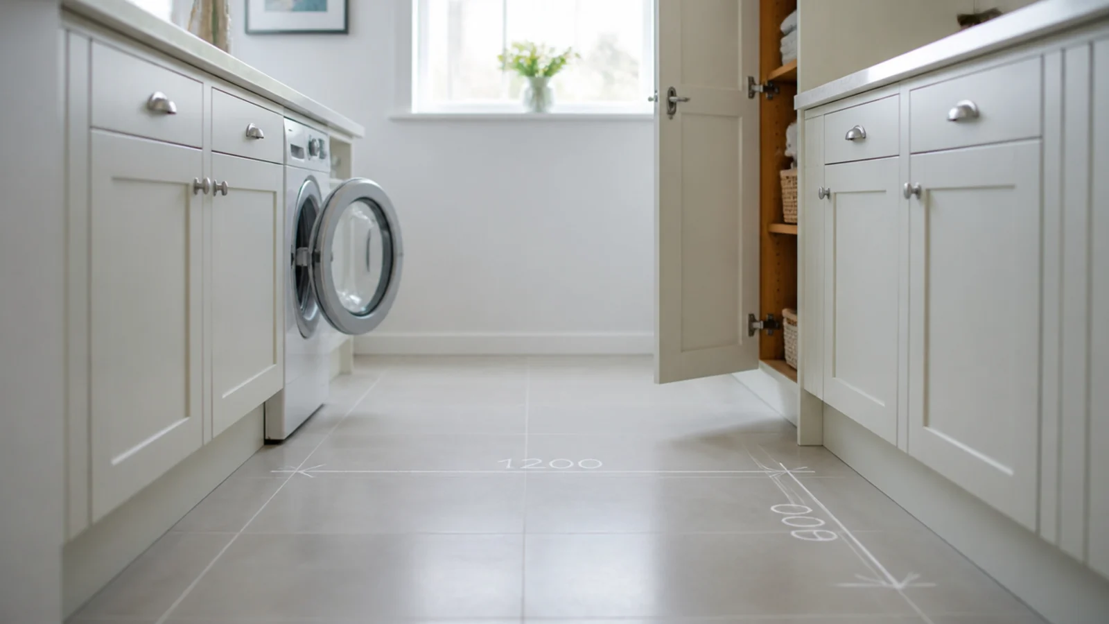 wide clear aisle between two facing cabinet runs with doors open