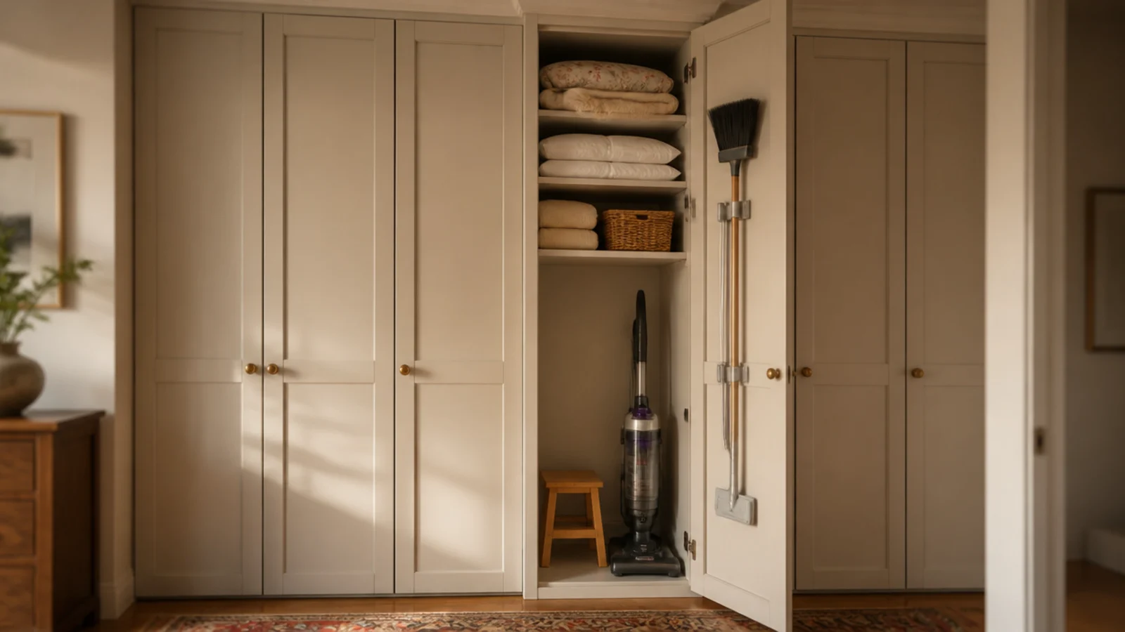 narrow full height bay holding an upright vacuum broom and flat mop