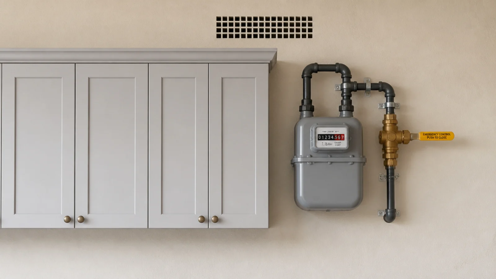 gas meter left open on a wall beside a run of cabinetry