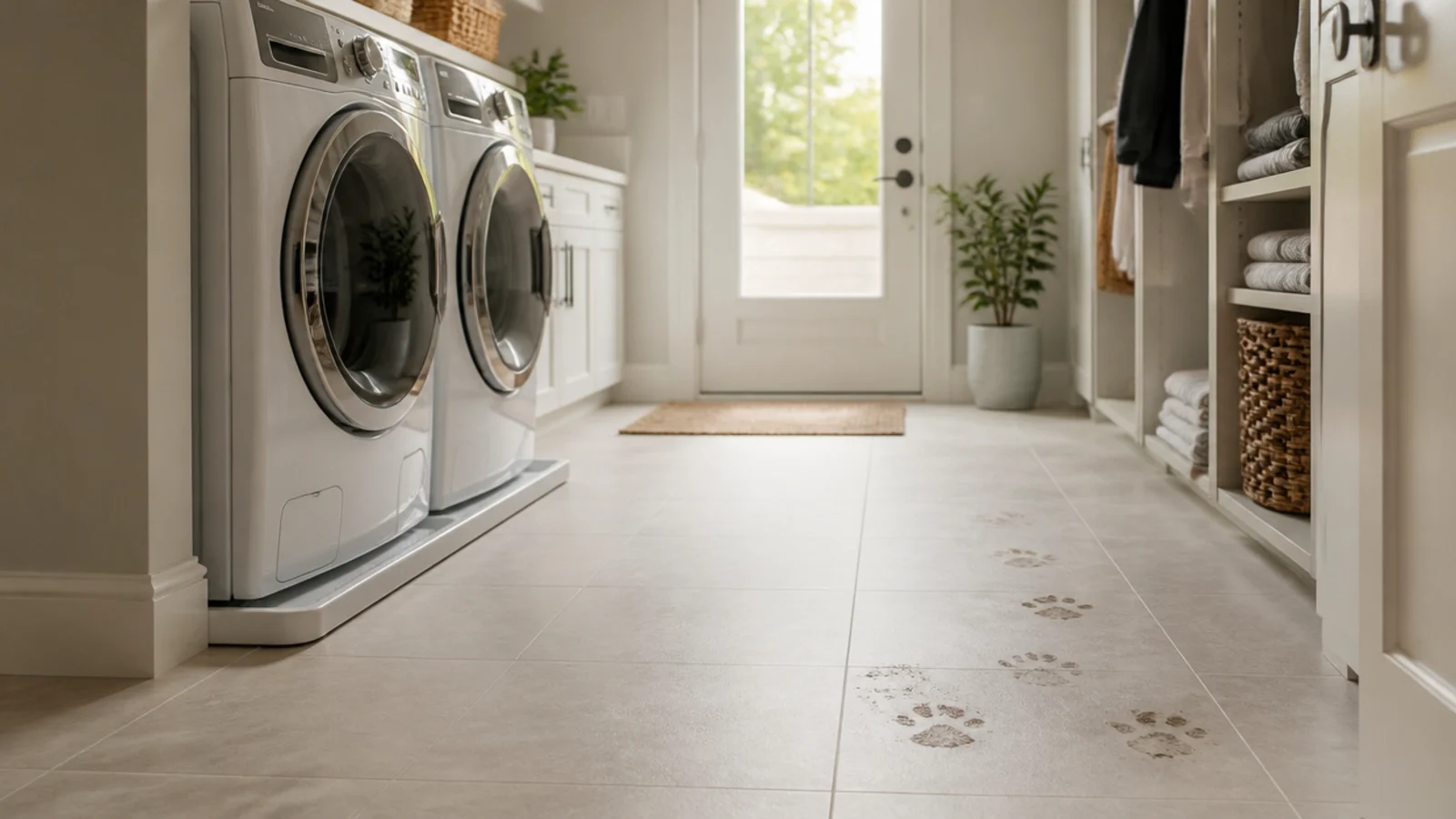 textured porcelain floor tiles laid across a wide utility room