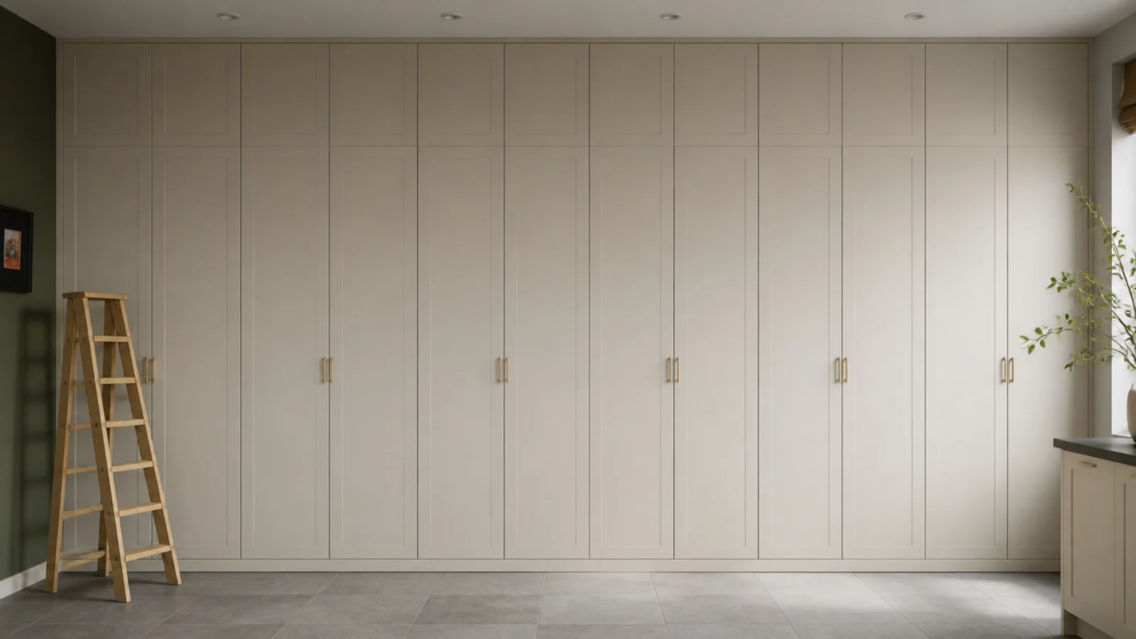 floor to ceiling utility cabinets closing the gap above the wall units