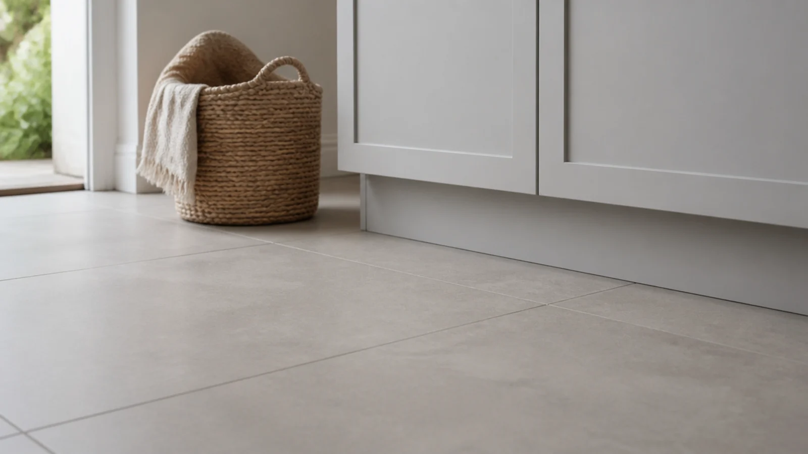 large format matt porcelain floor tiles with narrow grout joints in a utility