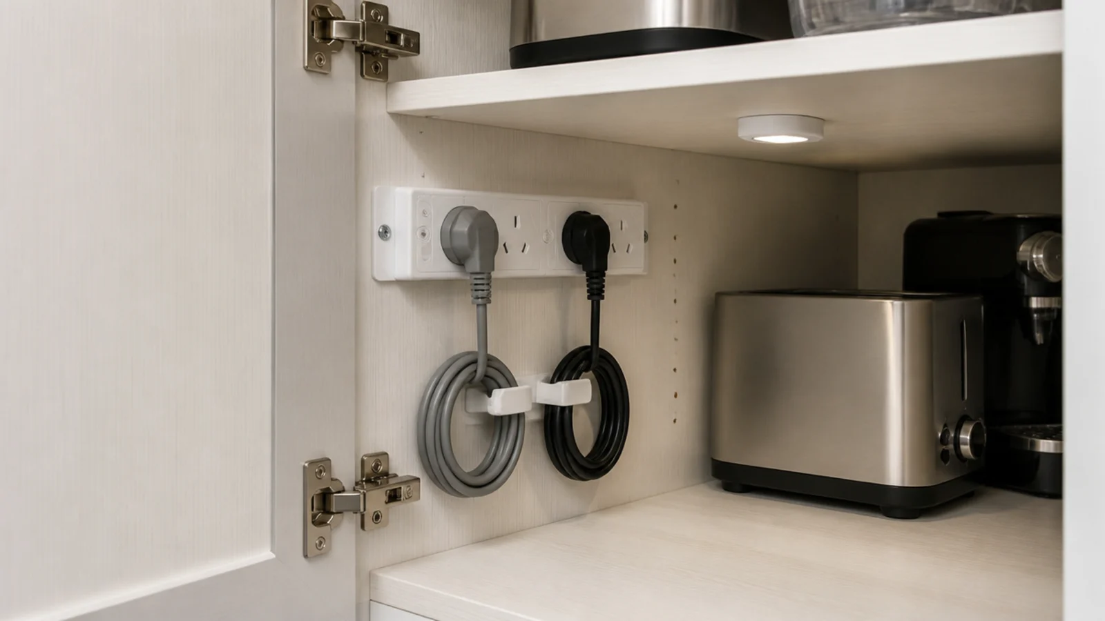 socket strip mounted inside a utility cabinet with appliance leads tidy