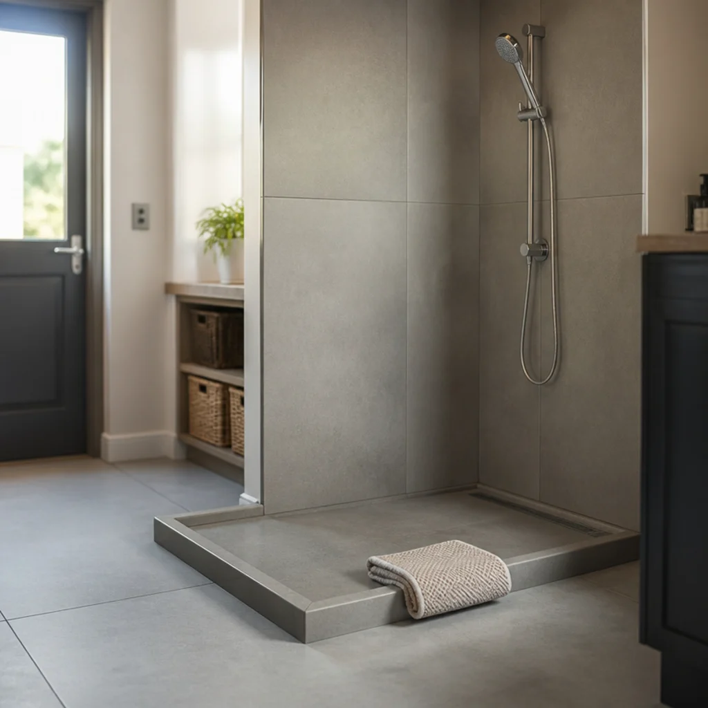 low tiled dog shower continuing the same porcelain as the utility floor