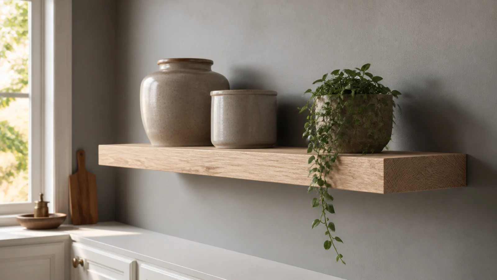 pale oak open shelf warming a grey and white modern utility scheme