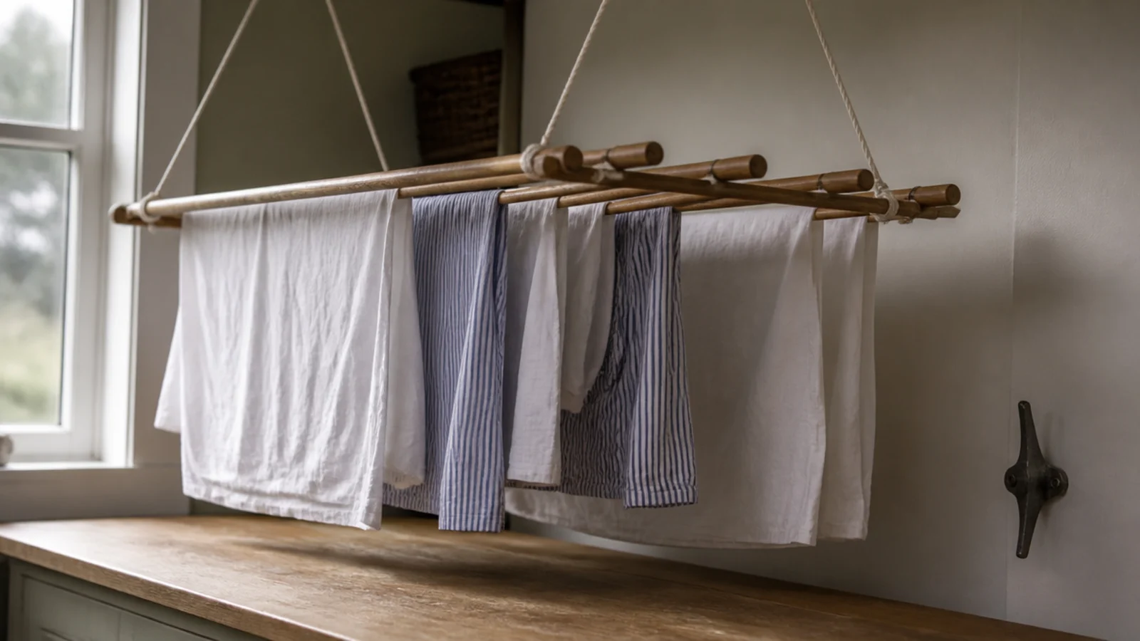 ceiling airer lowered above a laundry worktop holding damp folded shirts