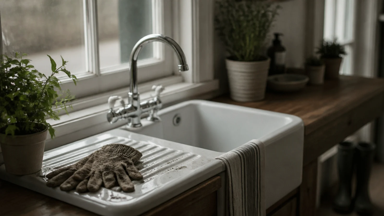 compact ceramic utility sink at the end of a worktop run