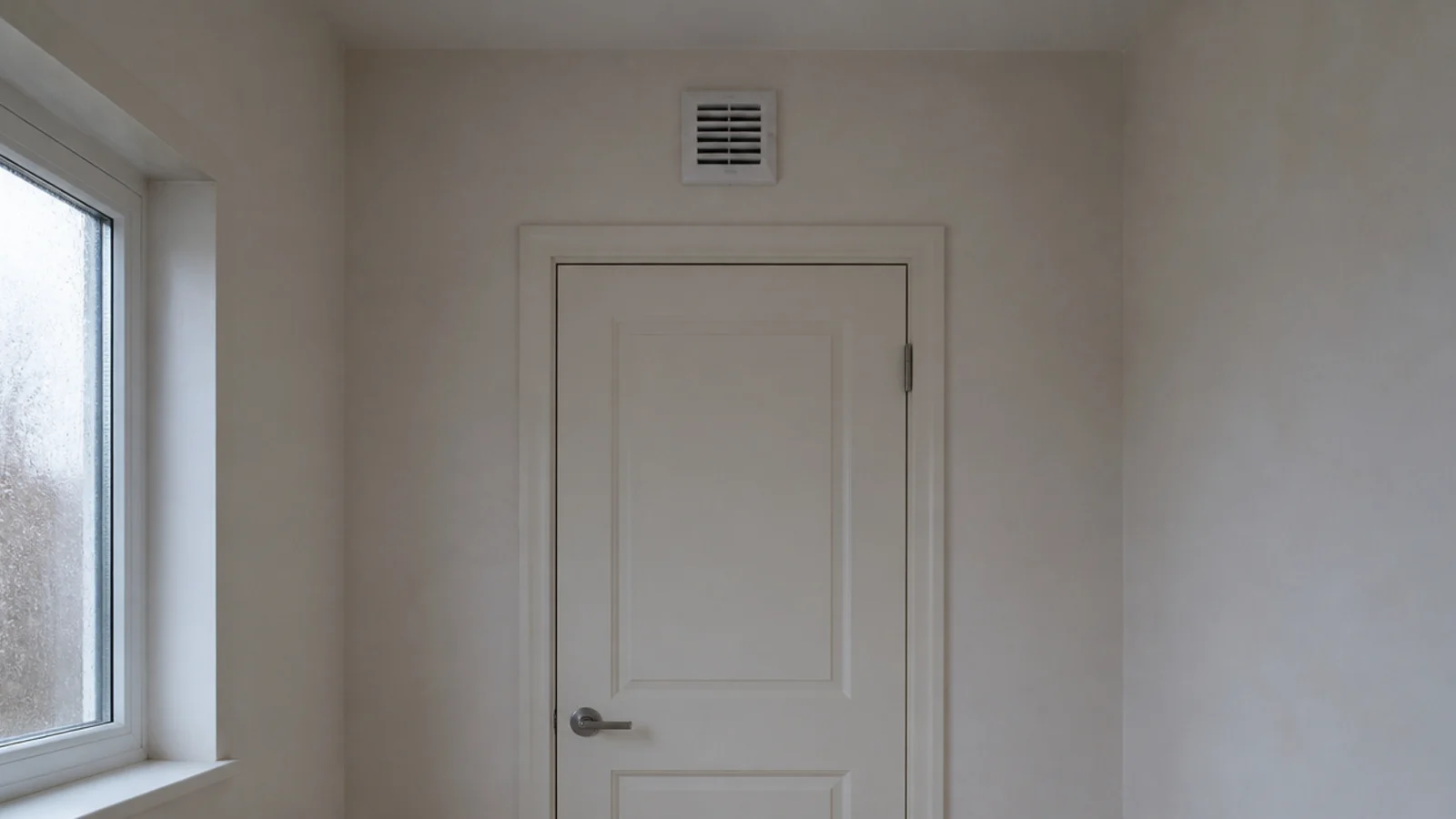 white extractor fan grille set high on a painted utility room wall