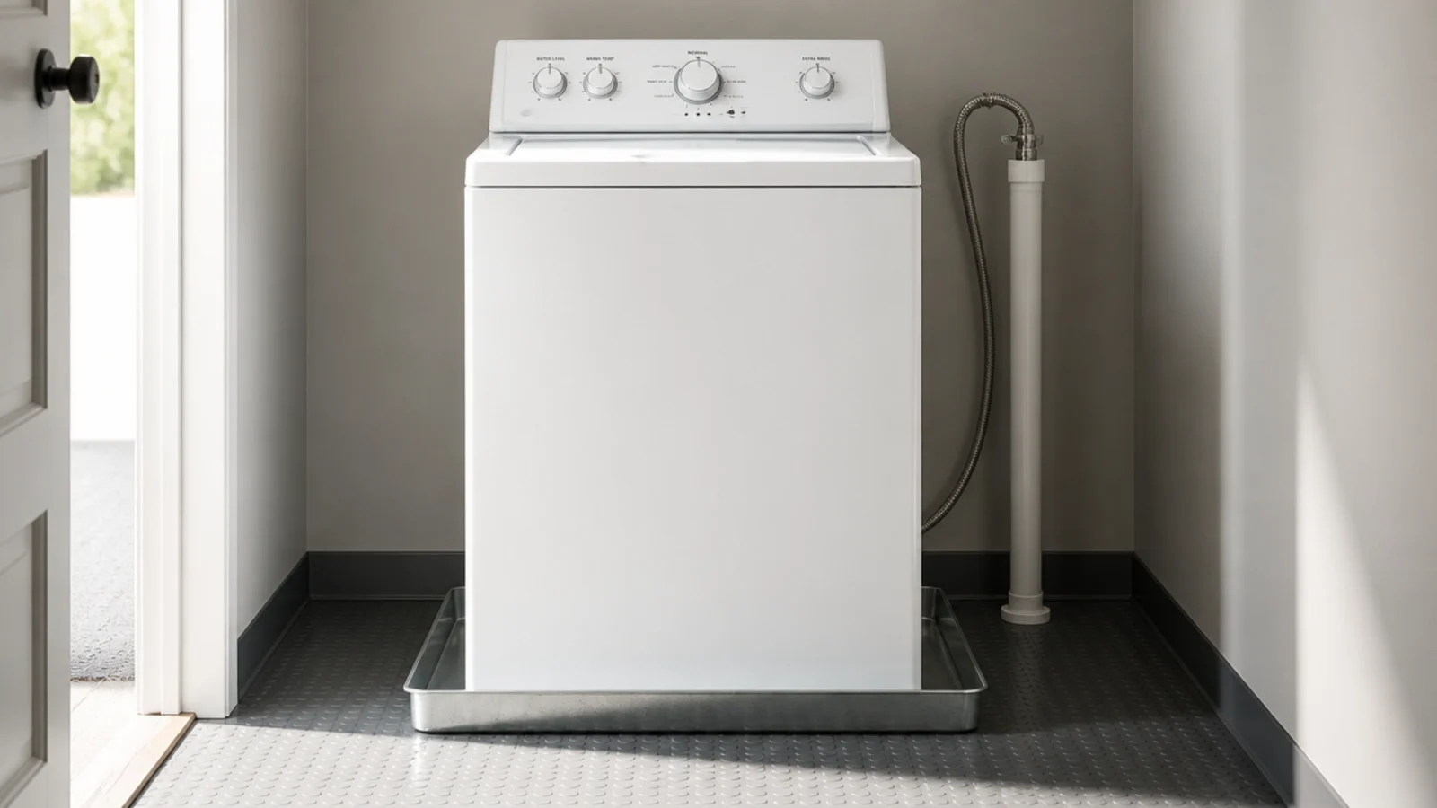 shallow metal leak tray sitting under a washing machine on vinyl