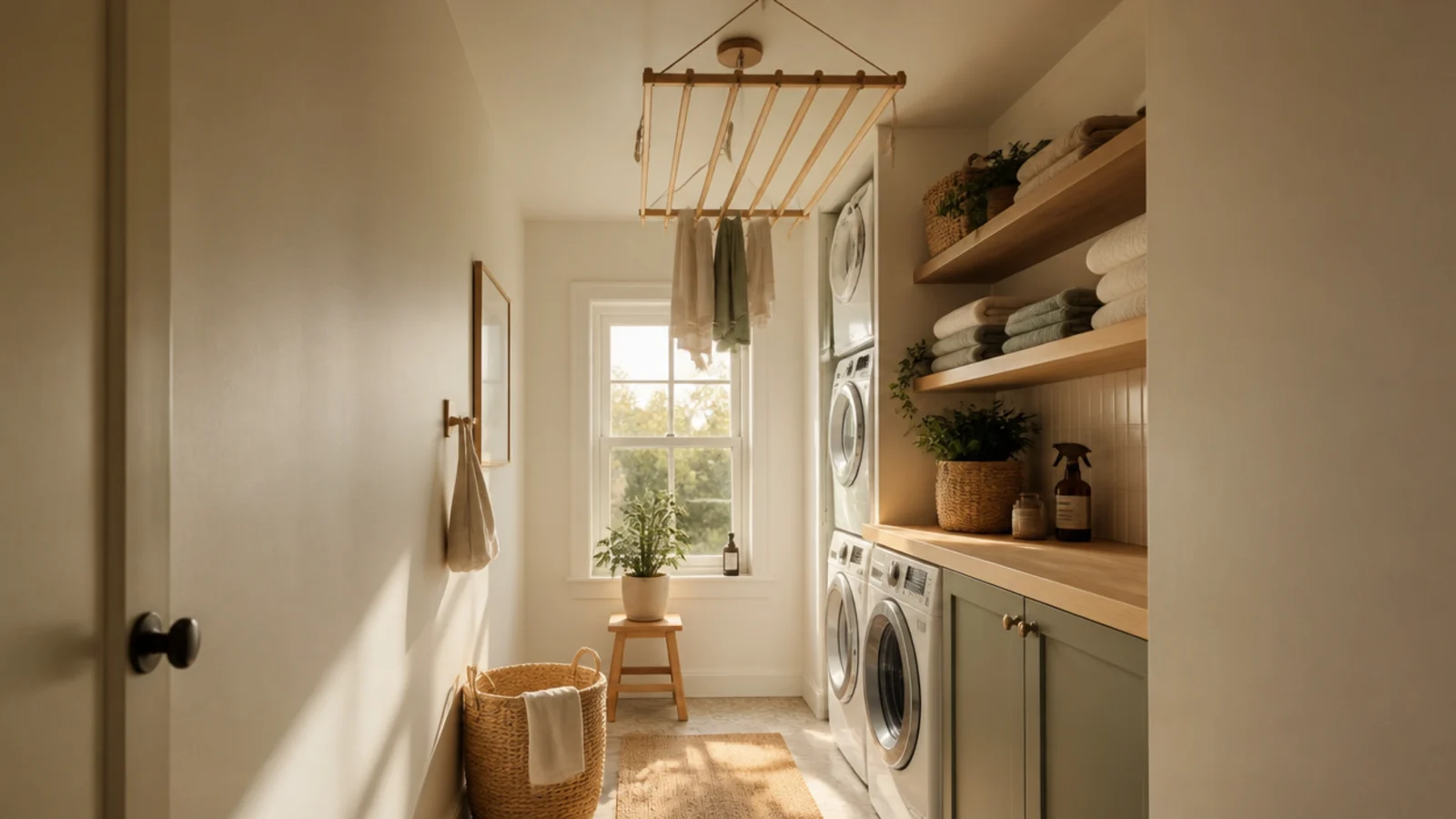 tall view of a narrow utility room with shelving and one machine run