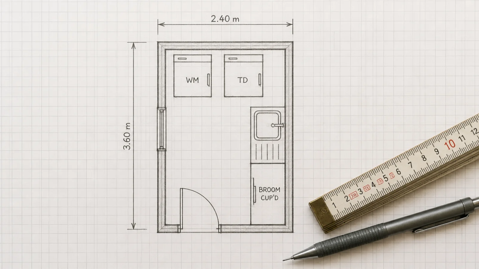 hand drawn floor plan sketch of a utility room with dimensions marked