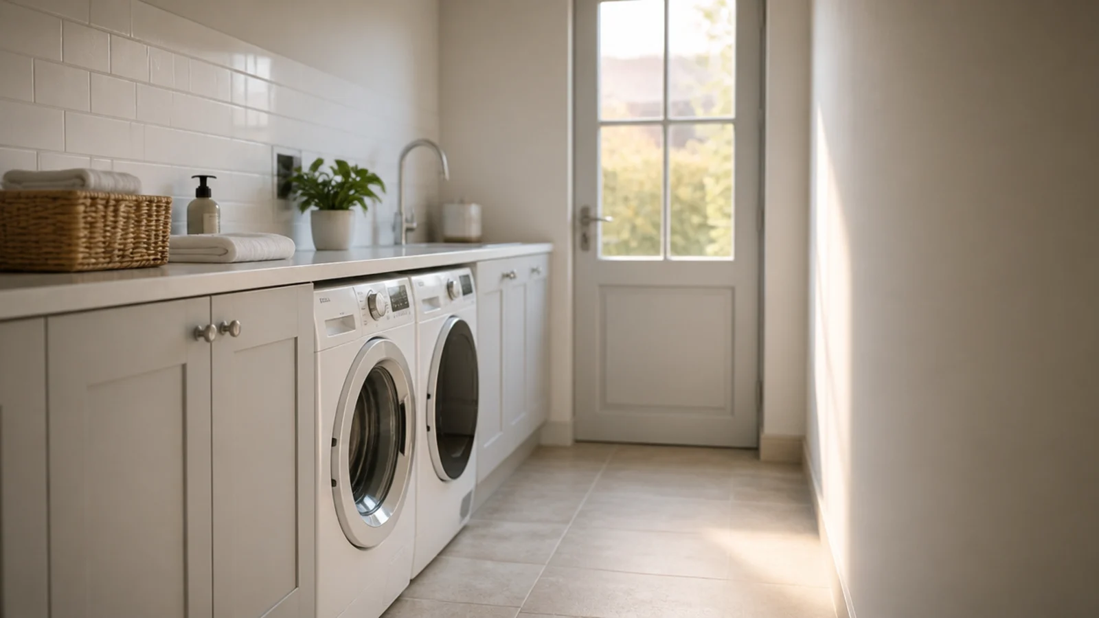 single run of utility cabinets and appliances against one long wall