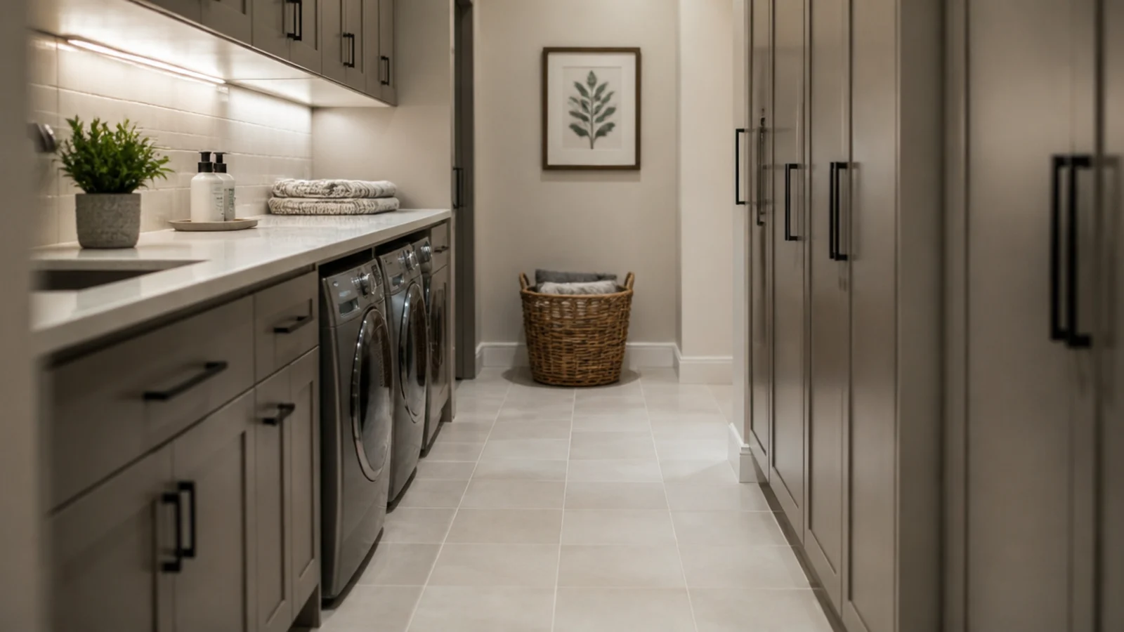 galley utility with cabinetry on both walls and a measured centre aisle
