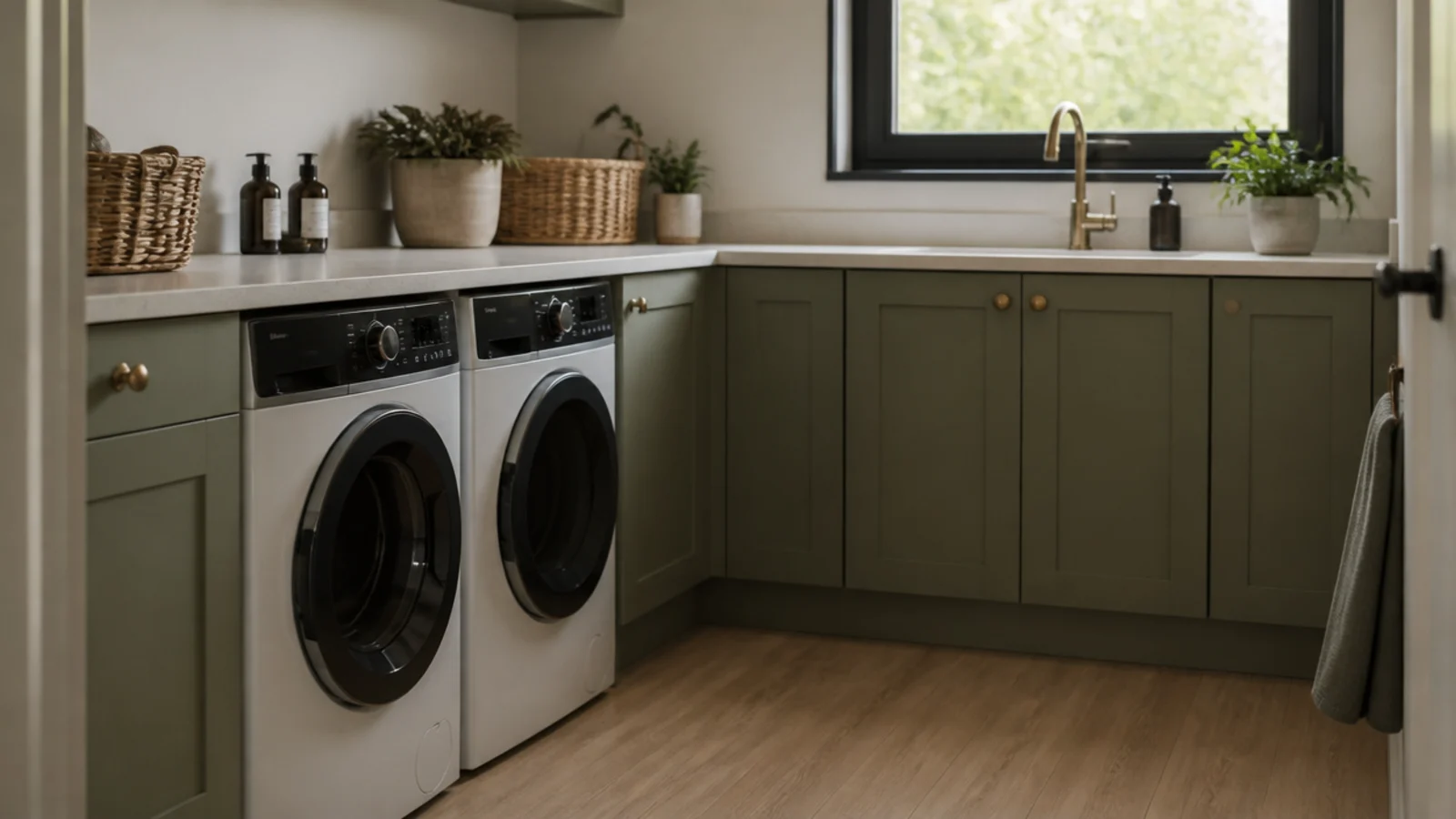 L shaped utility layout wrapping cabinetry around a single internal corner