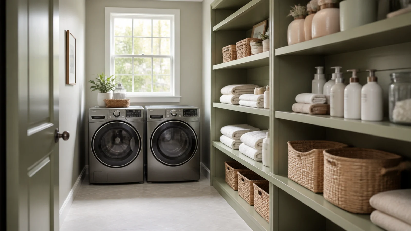 washer and dryer pair on the short end wall of a rectangular utility