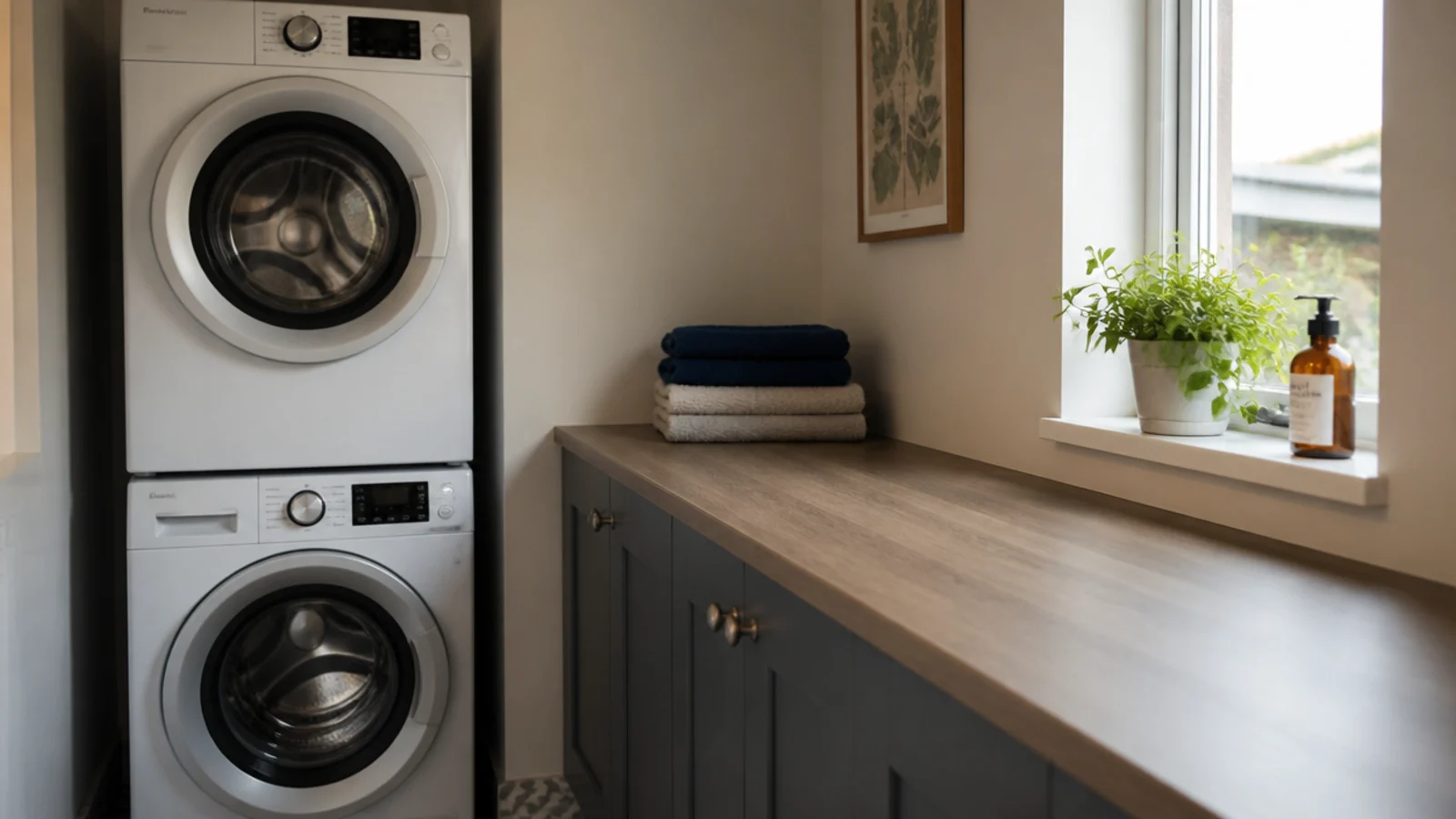 stacked appliance pair in one corner with worktop continuing beside it