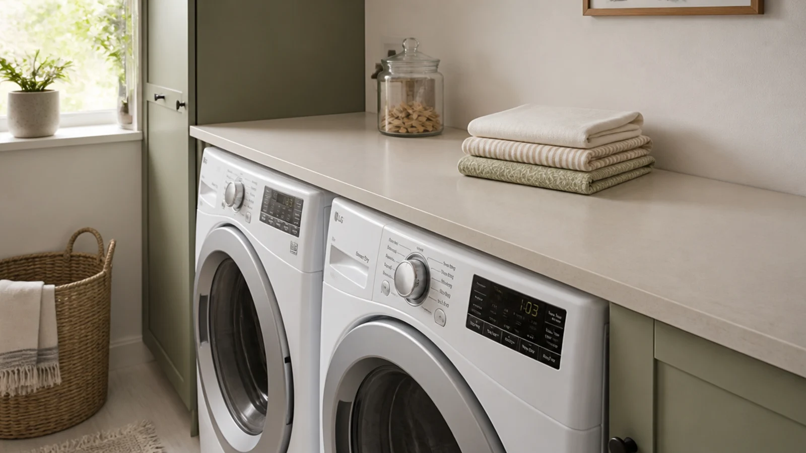 continuous worktop running across two under counter laundry appliances