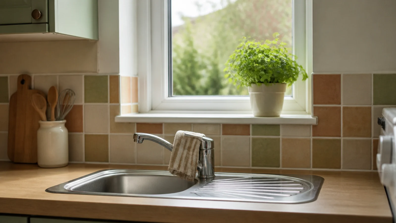 utility worktop and sink placed directly beneath a small window
