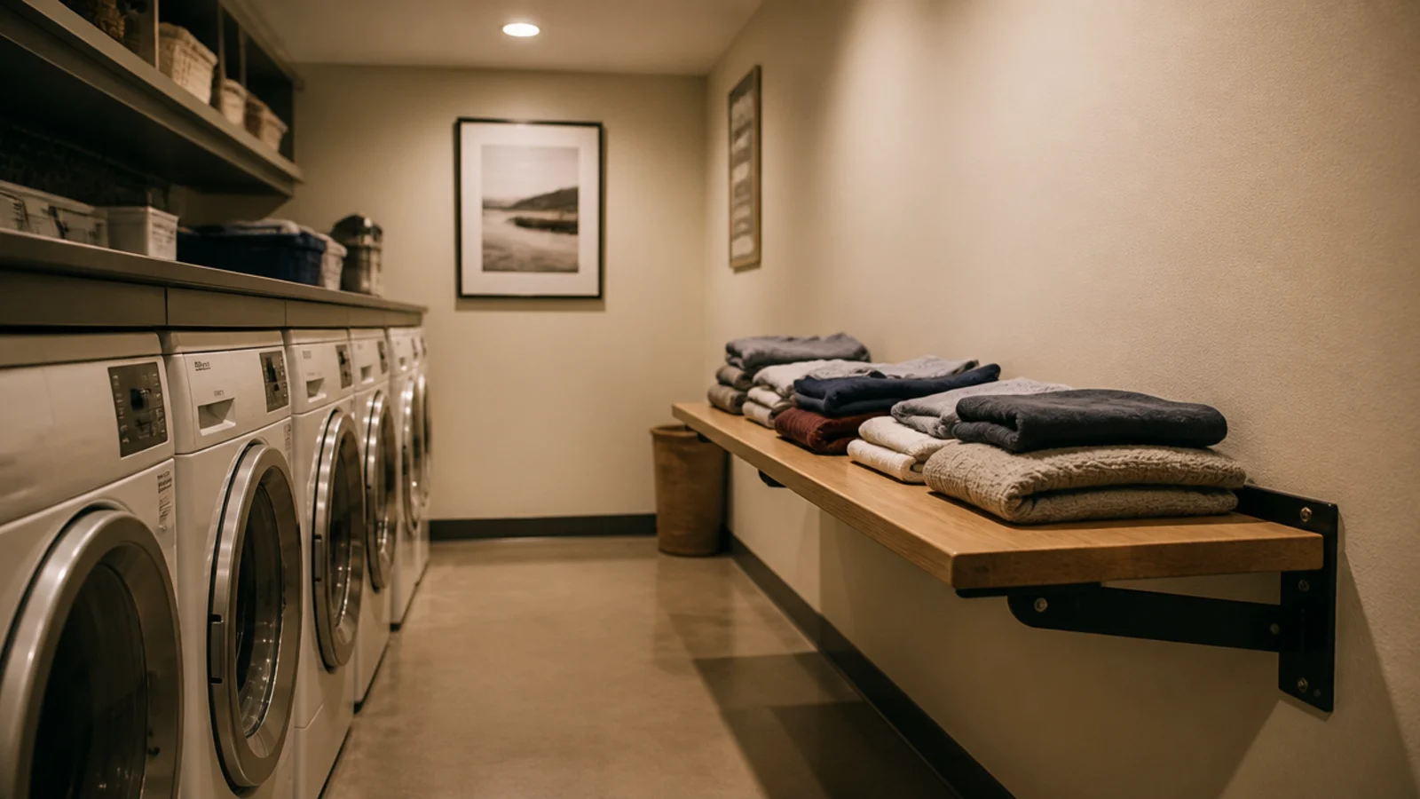 fold down shelf opposite the machines in a narrow galley utility