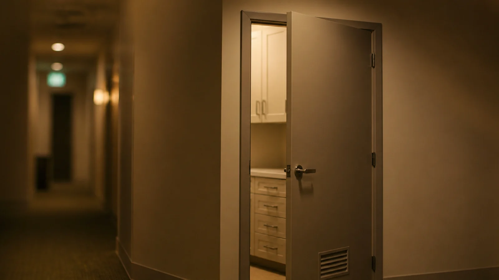 utility door rehung to swing outward into a hallway instead of inward