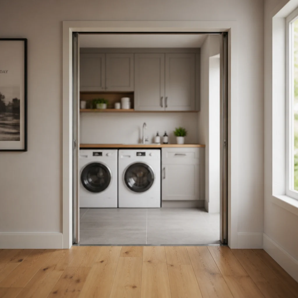 pocket door slid away leaving a full clear opening into a small utility