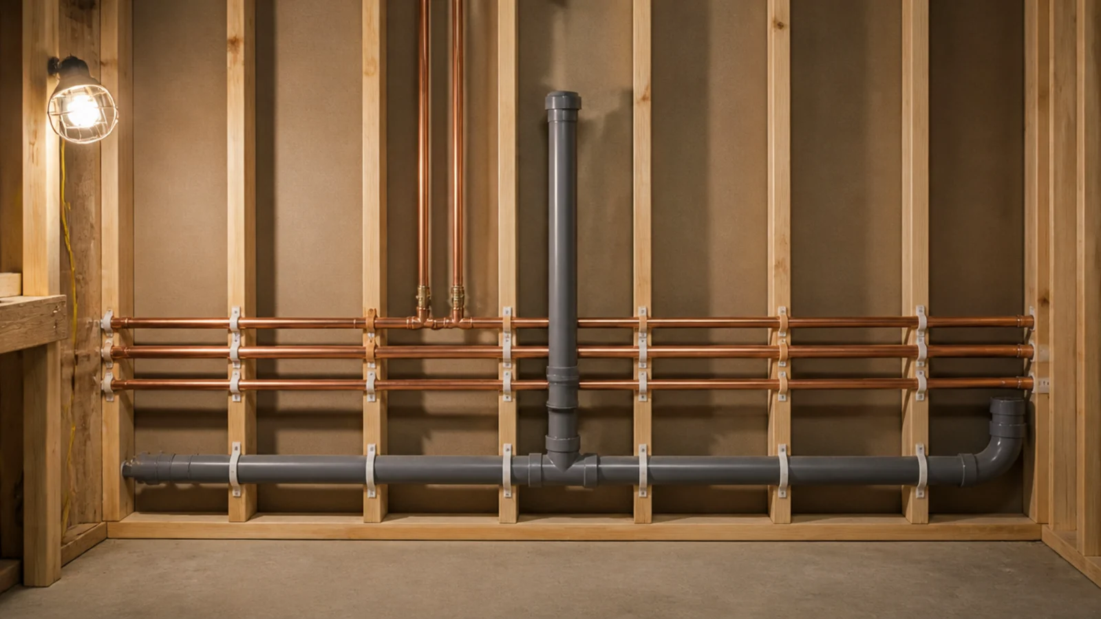 waste and supply pipework grouped on a single utility wall behind cabinets