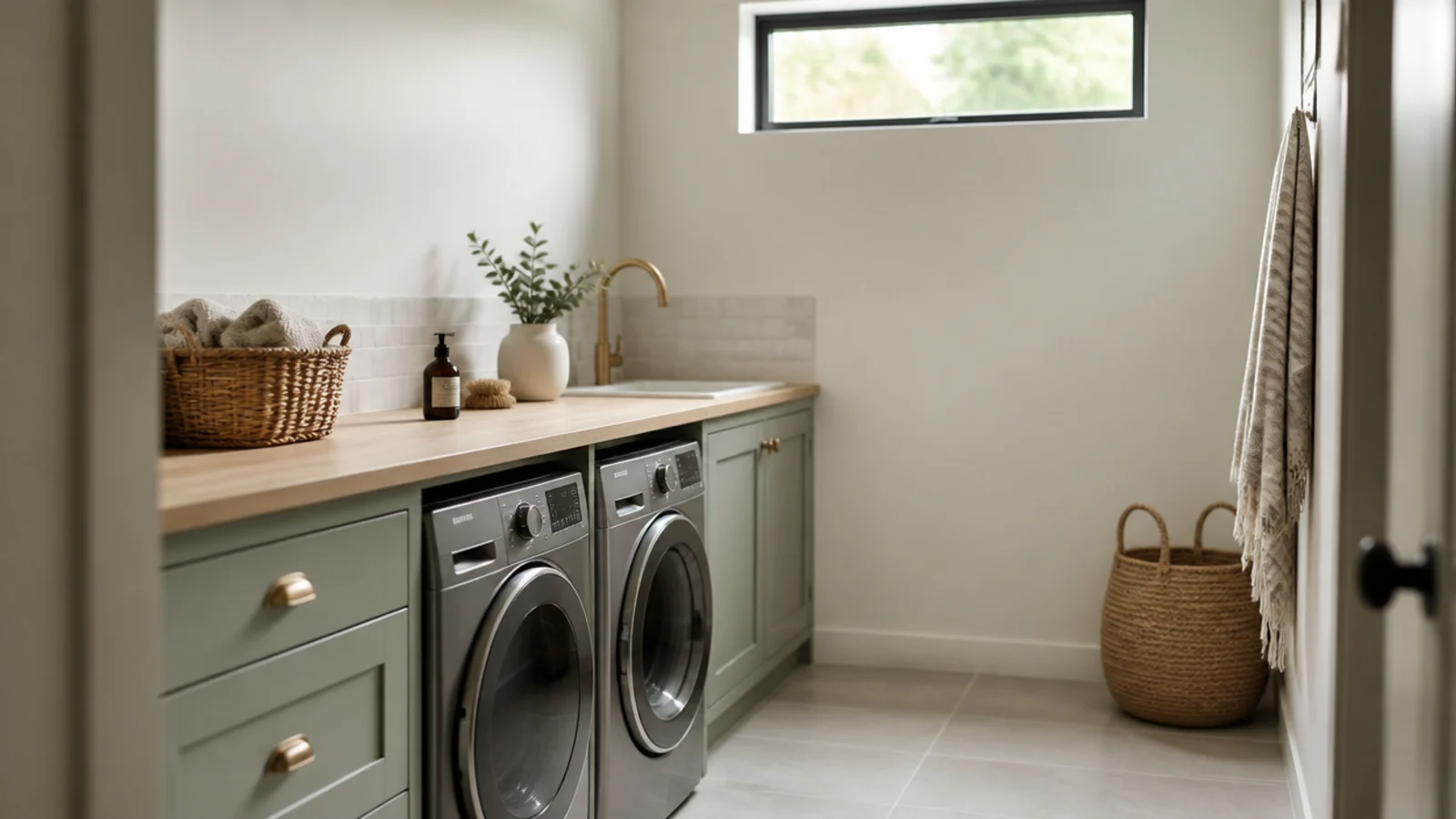 tall view of a small utility room layout with machines worktop and sink